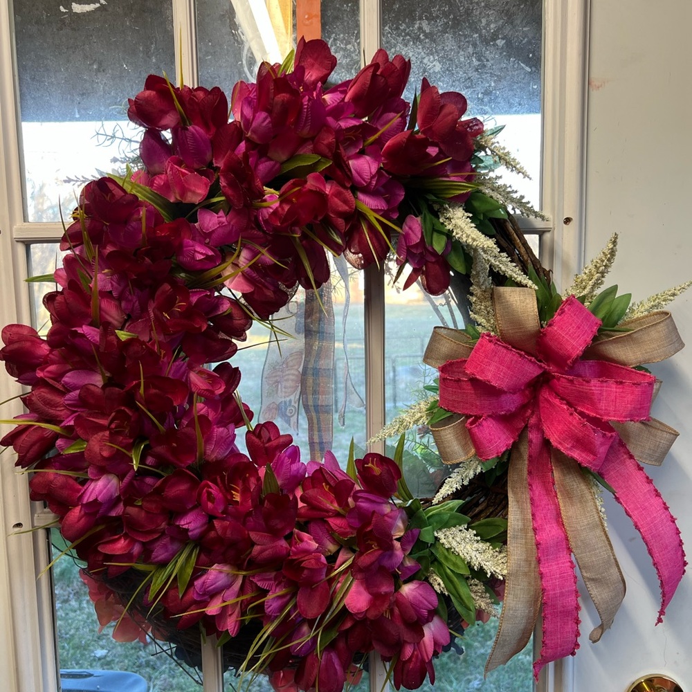 Tan and Pink Floral Spring Wreath with Decorative Bow